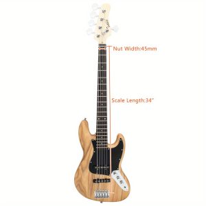 gjazz electric 5 string bass guitar full size bag strap pick connector wrench tool burlywood