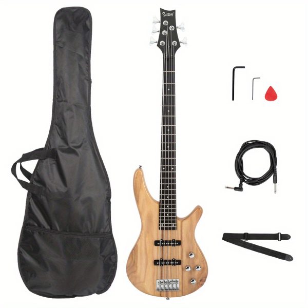 gib full size 5 string electric bass guitar with sunburst finish black maple neck, recycled wood body, includes gig bag, strap, cable & tools for beginners & professional musicians, musical instrument, stylish musical equipment, high tensile strength, studio recording, classic design, durable construction, instrument bundle, beginner musicians