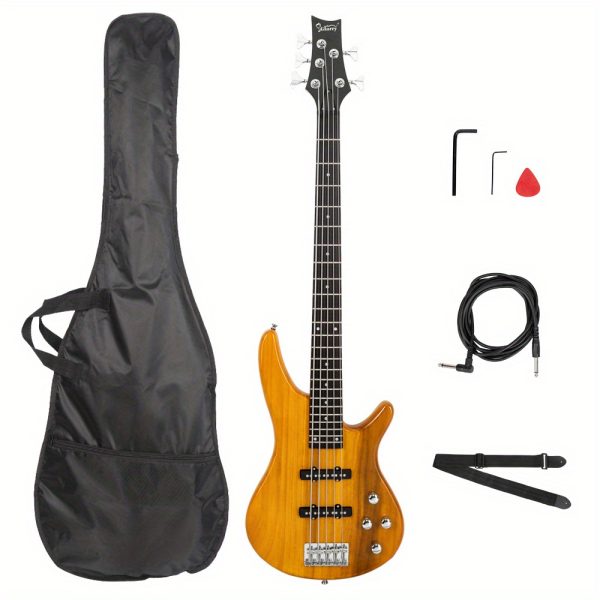 gib full size 5 string electric bass guitar with sunburst finish black maple neck, recycled wood body, includes gig bag, strap, cable & tools for beginners & professional musicians, musical instrument, stylish musical equipment, high tensile strength, studio recording, classic design, durable construction, instrument bundle, beginner musicians
