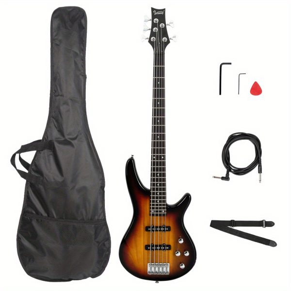 gib full size 5 string electric bass guitar with sunburst finish black maple neck, recycled wood body, includes gig bag, strap, cable & tools for beginners & professional musicians, musical instrument, stylish musical equipment, high tensile strength, studio recording, classic design, durable construction, instrument bundle, beginner musicians