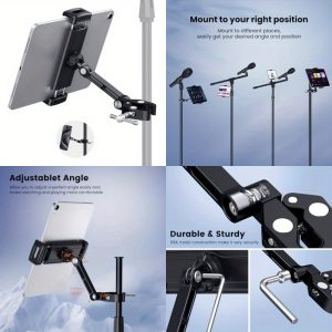 creadream tablet holder for microphone stand aluminum mic music stand holder mount for phone and for ipad adjustable tablet holder compatible with devices from 4.7 to 13 inch tablets and smartphones