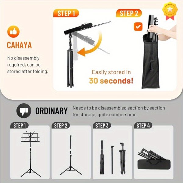 cahaya portable adjustable music stand dual use floor & desktop book holder, lightweight foldable design with carrying bag & clip, sturdy metal tripod legs, 27.6" 51.2" height, 11lb capacity for students musicians (black), performance accessory, reinforced construction