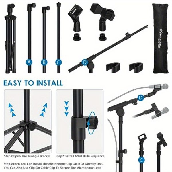 heavy duty adjustable mic stand with tripod base full rotation boom arm (180° rotation), extendable from 29" to 52" height, collapsible design, sturdy steel construction for studio, live performances, weddings, home/outdoor use w/mic clip holder black, wedding sound system, versatile microphone setup, rubberdamped legs, karaoke setup, stable support, event organizers