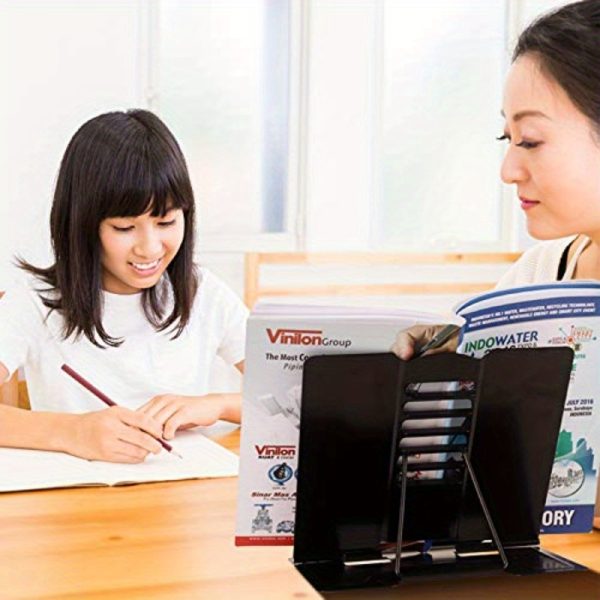 blizzow adjustable desk book stand holder foldable, portable, hands free metal stand for cookbooks, recipes, tablets, music & documents black, recipe holder | modern desk accessory | durable plastic stand