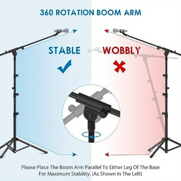 heavy duty adjustable mic stand with tripod base full rotation boom arm (180° rotation), extendable from 29" to 52" height, collapsible design, sturdy steel construction for studio, live performances, weddings, home/outdoor use w/mic clip holder black, wedding sound system, versatile microphone setup, rubberdamped legs, karaoke setup, stable support, event organizers
