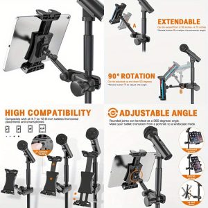 extendable tablet holder for microphone stand compatible with 4.7" to 12.9" tablets, 90° rotation, adjustable angle, secure clamp mount, durable metal construction, ideal for music & recording, tablet holder for mic, music stand accessory, sleek metallic finish, sturdy construction