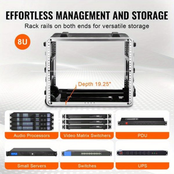 8u heavy duty abs industrial server rack cabinet with ergonomic handle & 2 removable shelves portable mobile workstation for home office, studio, live streaming sturdy metal frame, easy transport case, server rack for home office, studio organization, modern aesthetic, robust construction