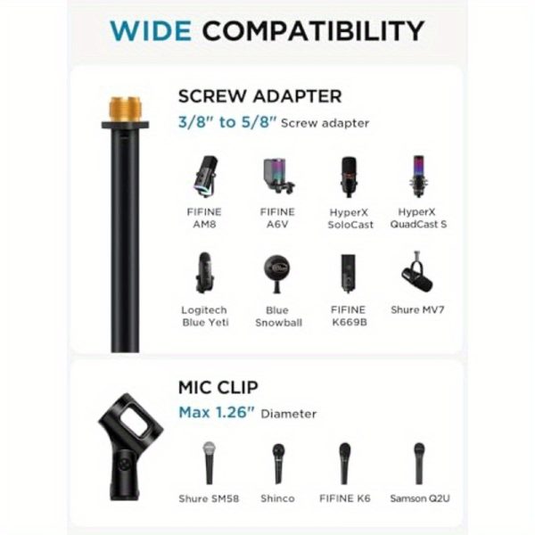 heavy duty mic stand with weighted base, adjustable height 34" 60", compatible with blue yeti, hyperx quadcast, shure sm58, samson q2u, fifine k669b, studio/stage/streaming sturdy metal construction, recording gear, detachable boom, durable build, boom arm, content creators, podcast setup, professional design, highquality materials, heightadjustable stand, live streamers