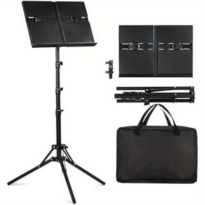 lightweight foldable adjustable music stand with panel extension clip & carrying bag one handed page turning, 34" 64" height, 20" panel capacity, 3 step setup, durable abs plastic & metal tripod for travel, practice, performances black, performance essentials, onehanded operation, robust construction, travel musician gear, highquality materials, orchestra players
