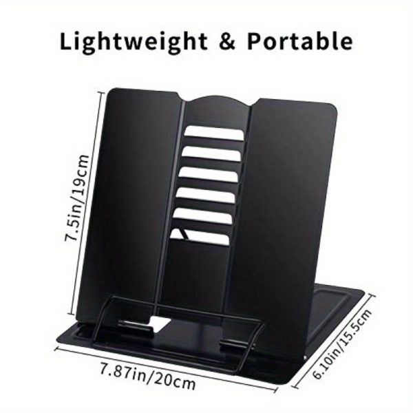 blizzow adjustable desk book stand holder foldable, portable, hands free metal stand for cookbooks, recipes, tablets, music & documents black, recipe holder | modern desk accessory | durable plastic stand