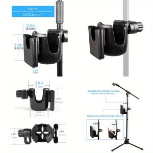 mr.power mic stand cup holder with phone holder 2in 1 bottle & phone holder for music stand boom, compatible with 3.3 9.5cm cups, microphone, and more, black, music stand holder, sturdy construction