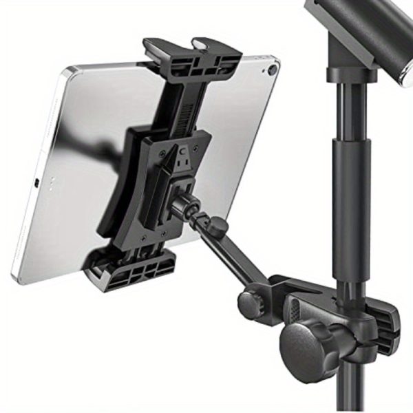 extendable tablet holder for microphone stand compatible with 4.7" to 12.9" tablets, 90° rotation, adjustable angle, secure clamp mount, durable metal construction, ideal for music & recording, tablet holder for mic, music stand accessory, sleek metallic finish, sturdy construction