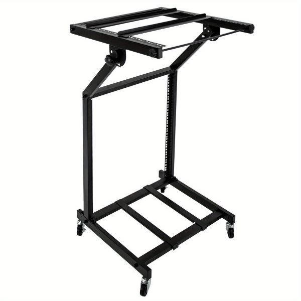 heavy duty 12u dj mixer stand with lockable wheels adjustable height dj studio rack, sturdy iron construction, space saving design for dj controllers, audio mixers, effects processors professional stage & home studio use black, compact setup, durable build, equipment cart, live performers