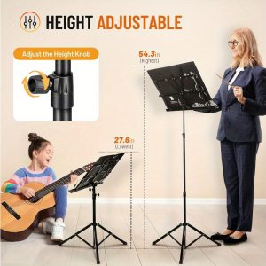 cahaya portable adjustable music stand dual use floor & desktop book holder, lightweight foldable design with carrying bag & clip, sturdy metal tripod legs, 27.6" 51.2" height, 11lb capacity for students musicians (black), performance accessory, reinforced construction