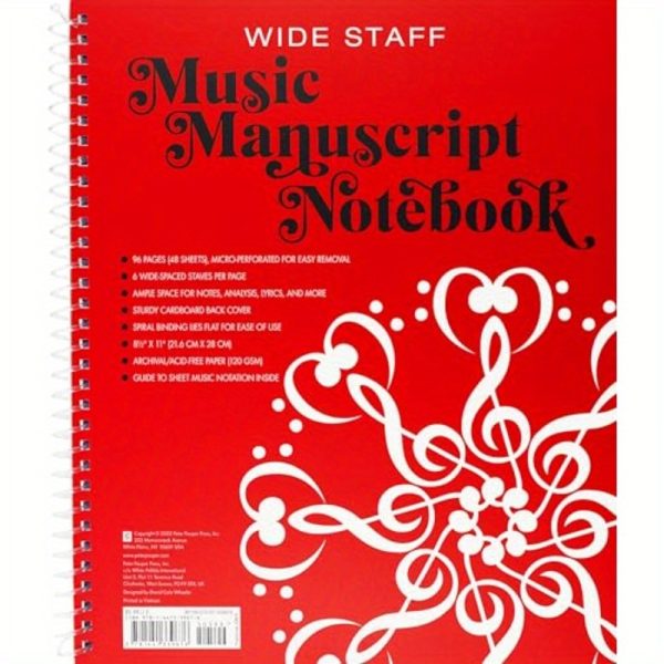 music manuscript notebook wide staff sheet music paper with perforated pages for easy tear out, composer/pianist/teacher/student elegant musical notation notebook for professional & personal use, composer sketchbook, pianist workbook, decorative swirls design, floral pattern cover, easy page removal, durable spiral binding, choir directors