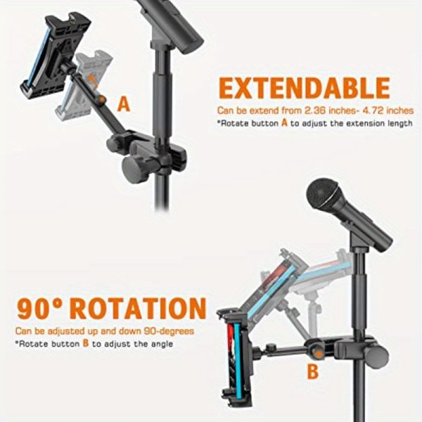 extendable tablet holder for microphone stand compatible with 4.7" to 12.9" tablets, 90° rotation, adjustable angle, secure clamp mount, durable metal construction, ideal for music & recording, tablet holder for mic, music stand accessory, sleek metallic finish, sturdy construction
