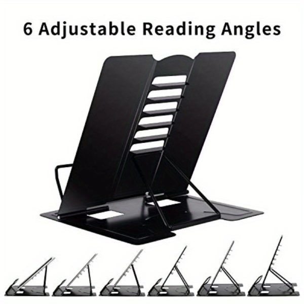 blizzow adjustable desk book stand holder foldable, portable, hands free metal stand for cookbooks, recipes, tablets, music & documents black, recipe holder | modern desk accessory | durable plastic stand