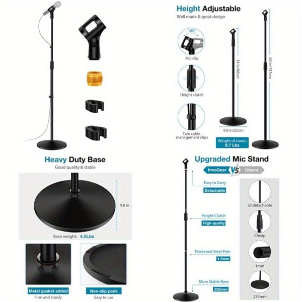 heavy duty mic stand with weighted base, adjustable height 34" 60", compatible with blue yeti, hyperx quadcast, shure sm58, samson q2u, fifine k669b, studio/stage/streaming sturdy metal construction, recording gear, detachable boom, durable build, boom arm, content creators, podcast setup, professional design, highquality materials, heightadjustable stand, live streamers