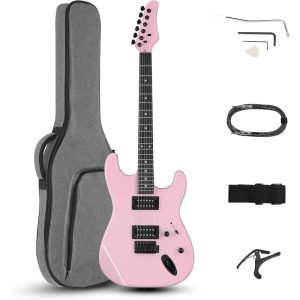 39 inch electric guitar, full size solid body h h pickups 6 strings beginner guitar kit with upgrade cable & guitar capo, tremolo arm, gig bag & strap