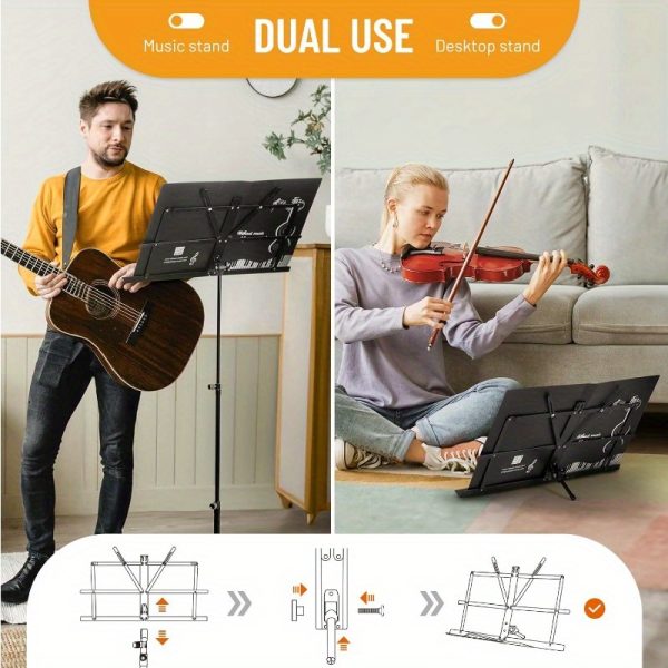 cahaya portable adjustable music stand dual use floor & desktop book holder, lightweight foldable design with carrying bag & clip, sturdy metal tripod legs, 27.6" 51.2" height, 11lb capacity for students musicians (black), performance accessory, reinforced construction