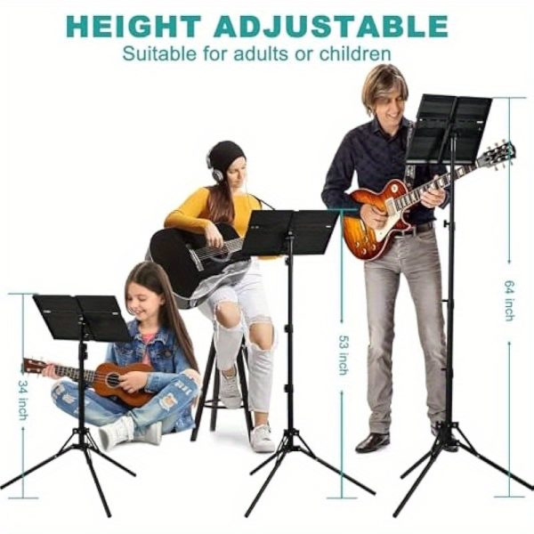 lightweight foldable adjustable music stand with panel extension clip & carrying bag one handed page turning, 34" 64" height, 20" panel capacity, 3 step setup, durable abs plastic & metal tripod for travel, practice, performances black, performance essentials, onehanded operation, robust construction, travel musician gear, highquality materials, orchestra players