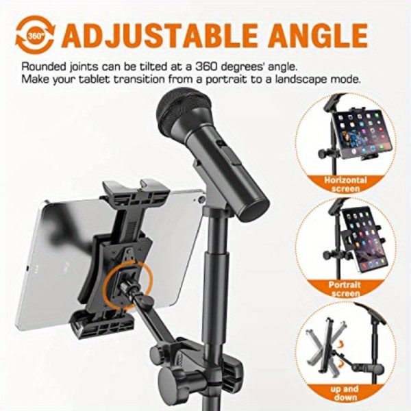 extendable tablet holder for microphone stand compatible with 4.7" to 12.9" tablets, 90° rotation, adjustable angle, secure clamp mount, durable metal construction, ideal for music & recording, tablet holder for mic, music stand accessory, sleek metallic finish, sturdy construction