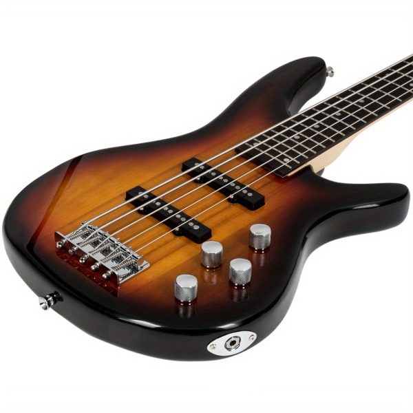 gib full size 5 string electric bass guitar with sunburst finish black maple neck, recycled wood body, includes gig bag, strap, cable & tools for beginners & professional musicians, musical instrument, stylish musical equipment, high tensile strength, studio recording, classic design, durable construction, instrument bundle, beginner musicians