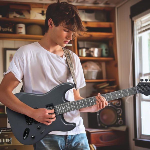 39 inch electric guitar, full size solid body h h pickups 6 strings beginner guitar kit with upgrade cable & guitar capo, tremolo arm, gig bag & strap
