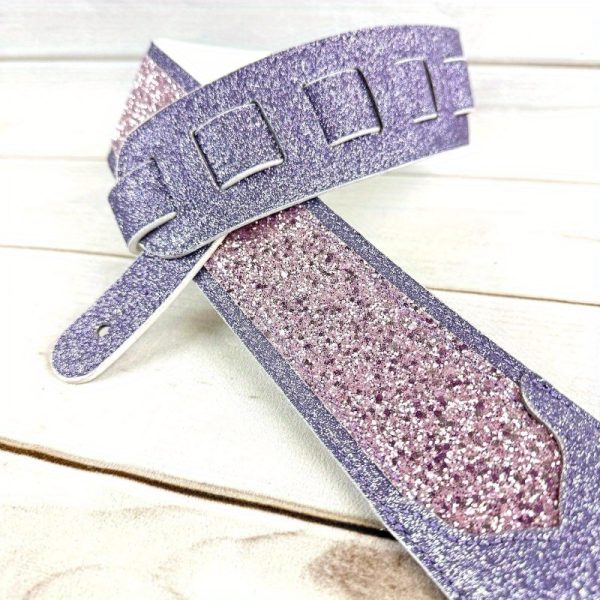 wwgl111 amethyst purple sparkle glitter bomb padded guitar strap adjustable white glove back for acoustic, electric, bass guitars durable, non electric, high quality, guitar accessories, strapless guitar, bass guitar accessory, sparkling effect, soft padding