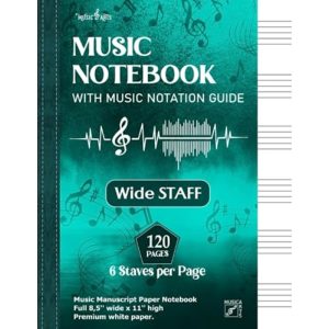 music notebook with music notation guide 120 pages, 6 staves per page, wide staff, premium white paper, mint green cover, includes music symbols & ecg graphic, perfect for school, practice, and composition, music notebook for school, school music book, modern music book, durable music book