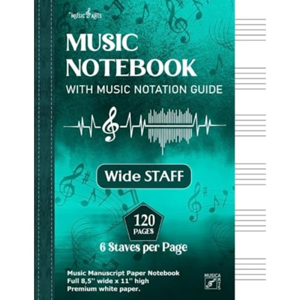 music notebook with music notation guide 120 pages, 6 staves per page, wide staff, premium white paper, mint green cover, includes music symbols & ecg graphic, perfect for school, practice, and composition, music notebook for school, school music book, modern music book, durable music book