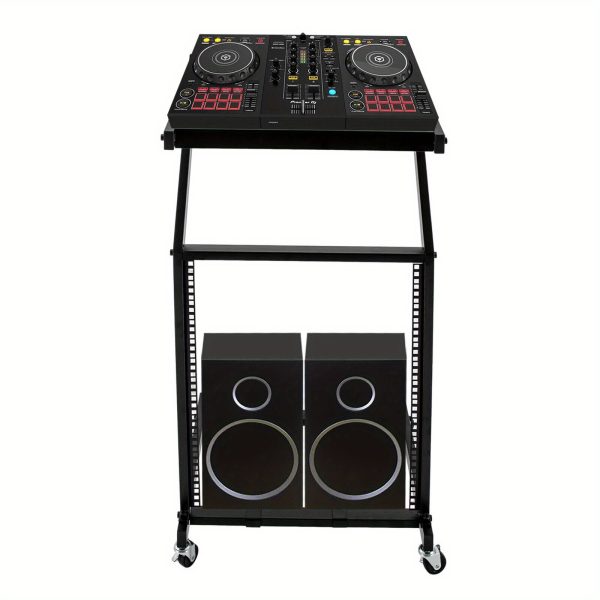 heavy duty 12u dj mixer stand with lockable wheels adjustable height dj studio rack, sturdy iron construction, space saving design for dj controllers, audio mixers, effects processors professional stage & home studio use black, compact setup, durable build, equipment cart, live performers