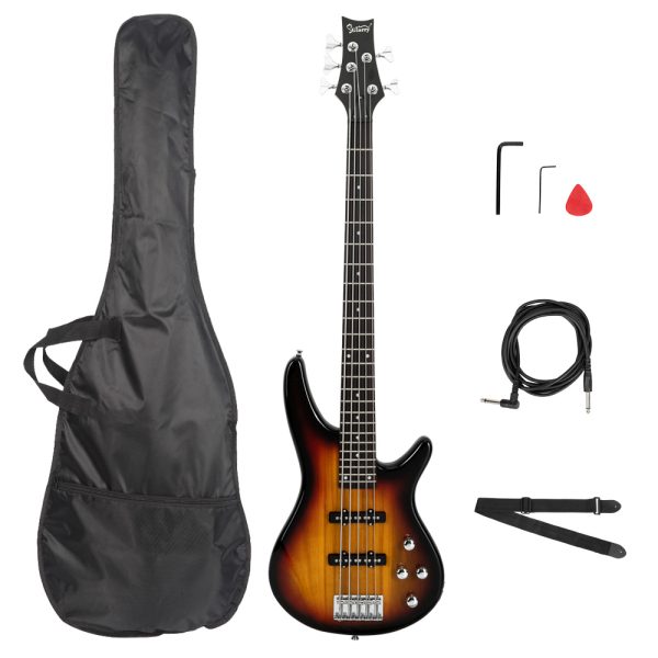gib full size 5 string electric bass guitar with sunburst finish black maple neck, recycled wood body, includes gig bag, strap, cable & tools for beginners & professional musicians, musical instrument, stylish musical equipment, high tensile strength, studio recording, classic design, durable construction, instrument bundle, beginner musicians