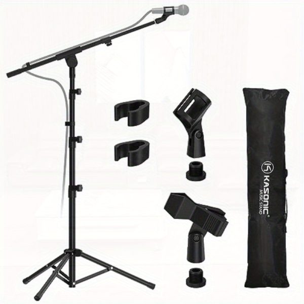 heavy duty adjustable mic stand with tripod base full rotation boom arm (180° rotation), extendable from 29" to 52" height, collapsible design, sturdy steel construction for studio, live performances, weddings, home/outdoor use w/mic clip holder black, wedding sound system, versatile microphone setup, rubberdamped legs, karaoke setup, stable support, event organizers
