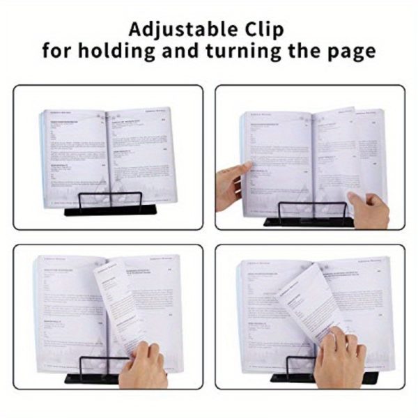 blizzow adjustable desk book stand holder foldable, portable, hands free metal stand for cookbooks, recipes, tablets, music & documents black, recipe holder | modern desk accessory | durable plastic stand
