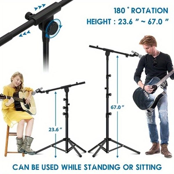 heavy duty adjustable mic stand with tripod base full rotation boom arm (180° rotation), extendable from 29" to 52" height, collapsible design, sturdy steel construction for studio, live performances, weddings, home/outdoor use w/mic clip holder black, wedding sound system, versatile microphone setup, rubberdamped legs, karaoke setup, stable support, event organizers