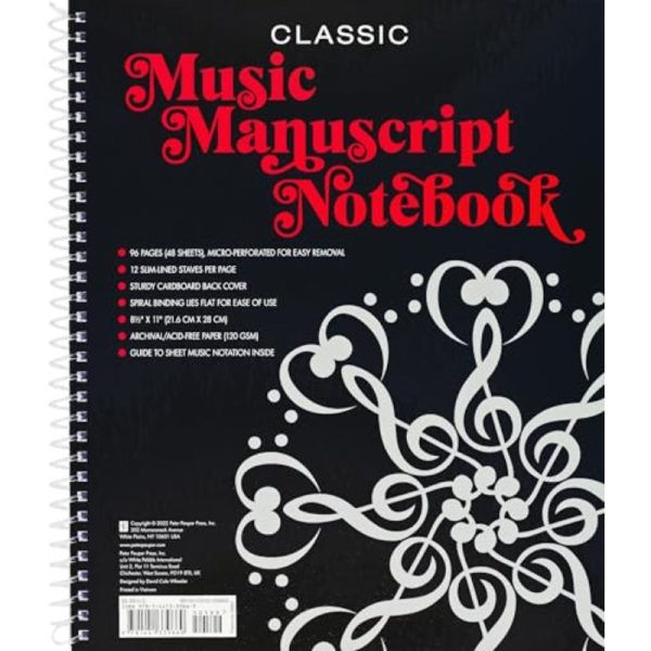 classic music manuscript notebook with 6x9 inch (15.24cm x 22.86cm) perforated pages, 12 staff sheets, and guide to music notation ideal for easy removal and use, music notebook
