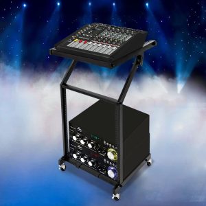 heavy duty 12u dj mixer stand with lockable wheels adjustable height dj studio rack, sturdy iron construction, space saving design for dj controllers, audio mixers, effects processors professional stage & home studio use black, compact setup, durable build, equipment cart, live performers