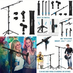 heavy duty adjustable mic stand with tripod base full rotation boom arm (180° rotation), extendable from 29" to 52" height, collapsible design, sturdy steel construction for studio, live performances, weddings, home/outdoor use w/mic clip holder black, wedding sound system, versatile microphone setup, rubberdamped legs, karaoke setup, stable support, event organizers
