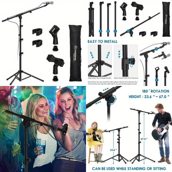 heavy duty adjustable mic stand with tripod base full rotation boom arm (180° rotation), extendable from 29" to 52" height, collapsible design, sturdy steel construction for studio, live performances, weddings, home/outdoor use w/mic clip holder black, wedding sound system, versatile microphone setup, rubberdamped legs, karaoke setup, stable support, event organizers