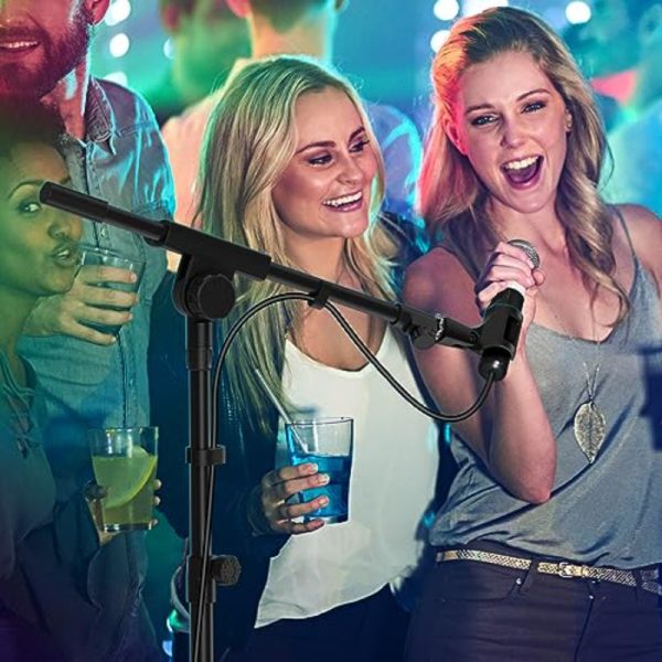 heavy duty adjustable mic stand with tripod base full rotation boom arm (180° rotation), extendable from 29" to 52" height, collapsible design, sturdy steel construction for studio, live performances, weddings, home/outdoor use w/mic clip holder black, wedding sound system, versatile microphone setup, rubberdamped legs, karaoke setup, stable support, event organizers