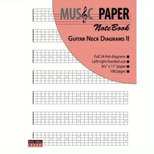 music paper notebook guitar neck diagrams ii scales and modes full 24 fret diagrams, left/right handed use, 8.5" x 11" paper, 100 pages, plastic material, music book, musician's reference, modern cover design, durable cover