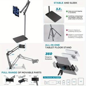 innogear tablet floor stand overhead bed phone holder, adjustable universal floor stand compatible with iphone ipad pro air mini tab kindle e readers (medium), tablet stand for bed, handsfree viewing, sleek metallic finish, durable construction, bedside organizer, modern design, highquality stand, ereader stand, travel companion