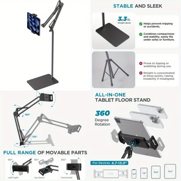 innogear tablet floor stand overhead bed phone holder, adjustable universal floor stand compatible with iphone ipad pro air mini tab kindle e readers (medium), tablet stand for bed, handsfree viewing, sleek metallic finish, durable construction, bedside organizer, modern design, highquality stand, ereader stand, travel companion