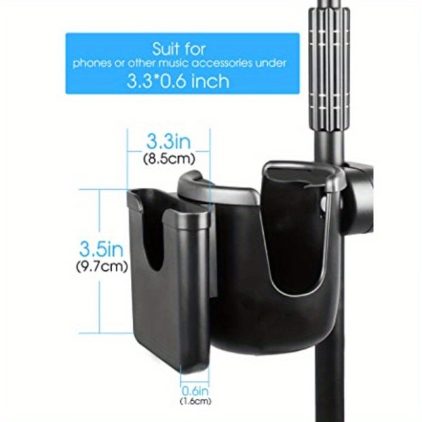 mr.power mic stand cup holder with phone holder 2in 1 bottle & phone holder for music stand boom, compatible with 3.3 9.5cm cups, microphone, and more, black, music stand holder, sturdy construction