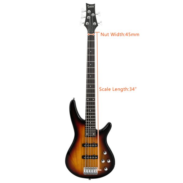 gib full size 5 string electric bass guitar with sunburst finish black maple neck, recycled wood body, includes gig bag, strap, cable & tools for beginners & professional musicians, musical instrument, stylish musical equipment, high tensile strength, studio recording, classic design, durable construction, instrument bundle, beginner musicians
