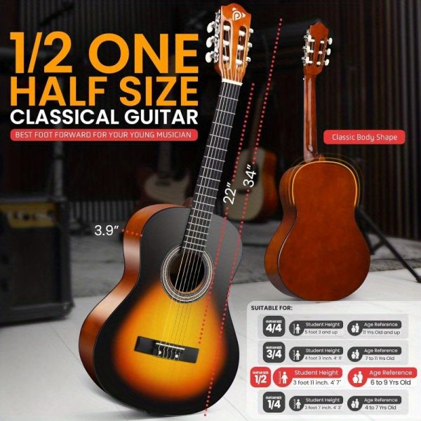 beginner acoustic guitar kit, 1/2 junior size all wood instrument for kids, adults, 34" sunburst teardrop matte