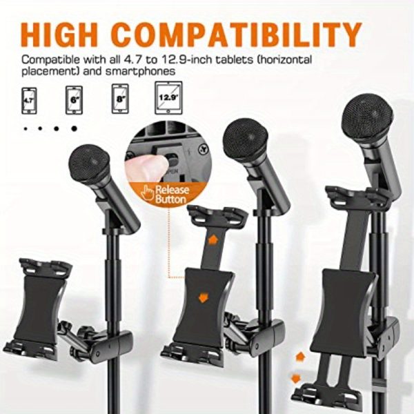 extendable tablet holder for microphone stand compatible with 4.7" to 12.9" tablets, 90° rotation, adjustable angle, secure clamp mount, durable metal construction, ideal for music & recording, tablet holder for mic, music stand accessory, sleek metallic finish, sturdy construction