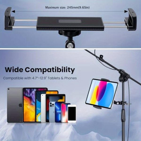 creadream tablet holder for microphone stand aluminum mic music stand holder mount for phone and for ipad adjustable tablet holder compatible with devices from 4.7 to 13 inch tablets and smartphones
