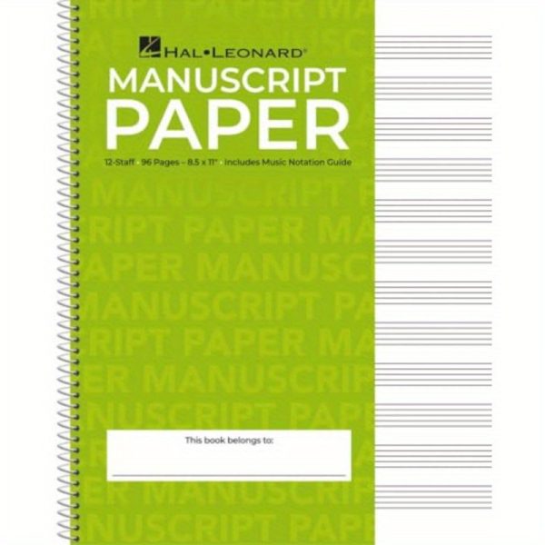 hal leonard standard wirebound manuscript paper 12 staves per page, green spiral bound staff paper with music notation guide for composers, students & musicians, includes music notation guide, music book, student music books, professional music books, durable spiral binding